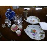 A pair of Meissen leaf shaped plates A/F, a Bilston and Battersea enamel pill box, a Chinese