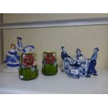 Delft blue and white posy bowl supported by figures A/F, Staffordshire group and a pair of green