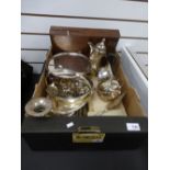 Box of silver plated items including cake stand, coffee pots etc.