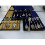 Three cased sets of Victorian, Edwardian and other silver teaspoons, approx. 10 troy oz