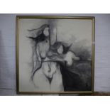 A modern painting of female nudes, probably Pakistani, signed and dated 2000, 95 x 95 cms