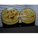 A Guinness style painted metal plaque of faces on two pints 135cms