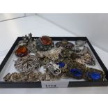 Tray of silver & White metal costume jewellery including fillagree bracelet, butterfly brooch, rings