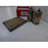 Hallmarked Silver cigarette case, and Silver Plated Salt and Pepper pots