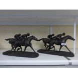 A Pair of Cold cast bronze models of racehorse and jockeys racing by David Geentry one A/G