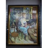 A modern oil of figures in French interior signed 95x129cms