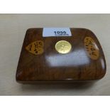 Treen cigarette case, dated 1951, with yellow metal coin