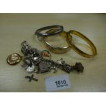 Small collection of silver and other jewellery including charm bracelet, hinged bangles etc.