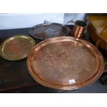 Keswick School, a copper round tray decorated flowers, marked KSIA and 3 other items of metal ware.