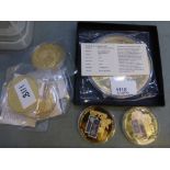 Large gold plated commemorative medallion H.M Queen Elizabeth II and small collection of gold plated