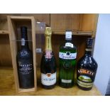 A bottle of Fonseca 1996 vintage Port and three other bottles of alcohol