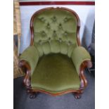 A Victorian mahogany button back arm chair having scroll arms.