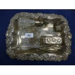 19th Century silver rectangular trinket tray with embossed acanthus leaf flower decoration A/F, 30cm