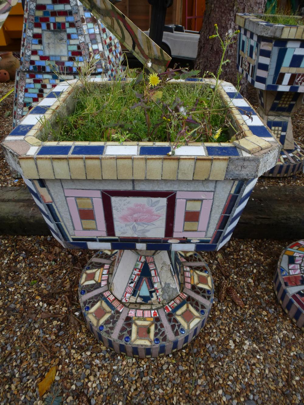 A similar pair of square urns having tiled mosaic decoration 66cms - Image 2 of 3