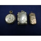 Lady’s 19th Century silver cased pocket watch and 2 Edwardian silver vesta cases