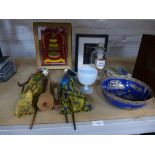 A Carltonware blue royal bowl having oriental gilt decoration, a glass drug jar, postcards and