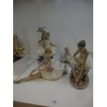 A Nao figure of Harlequin and seated Ballerina and 3 others Nao Ballerinas