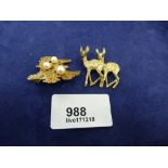 9ct yellow gold brooch of two baby deer and another decorated with pearls, gross weight - 10g