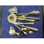 Collection of silver handled items including 2 shoe horns, pickle fork, etc.