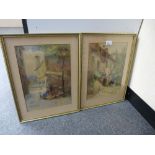 Pair of Mediterranean style watercolours of figures in houses