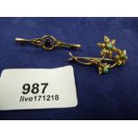 Two 9ct yellow gold brooch, one a floral spray the other with central Amethyst, gross 5.6g