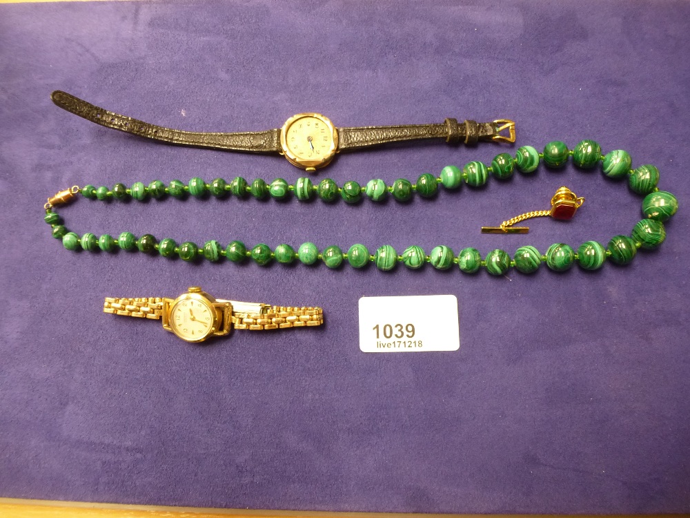 Two ladies vintgae wristwatches, one 9ct yellow gold with case AF together with a malachite bead