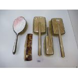 Art Deco 4 piece silver and enamelled backed dressing table set comprising: 2 hair brushes,