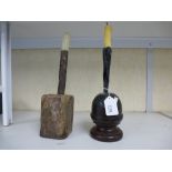 Two rustic wood and metal candlicks, 23cm high