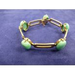 Art deco 9ct rose gold bracelet with 5 jadeite spacers, clasp stamped 9ct