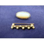 Oval opal and diamond brooch, yellow coloured metal mount, 3cm wide together with a diamond and