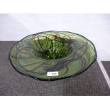 Studio art glass centrepiece flat rimmed footed bowl: hand-blown with green, blue and maroon colours