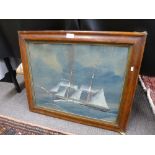 A 19th century Gouache of sailing ship in stormy seas, in a maple frame. 54 X 42cms