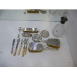Collection of silver incl. butter knives, hair brushes, decanter AF
