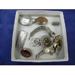 Collection of silver jewellery including vintage marcasite lady's wristwatch, cufflinks, brooches,