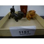 Oriental bronzed miniature dragon and 2 carved netsuke