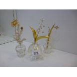 3 1980s Sterling silver flower ornaments incl. snowdrops, lily of the valley each with a clear glass