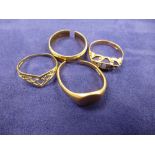 Four 9ct yellow gold rings all stamped 375, A/F approx. 9g