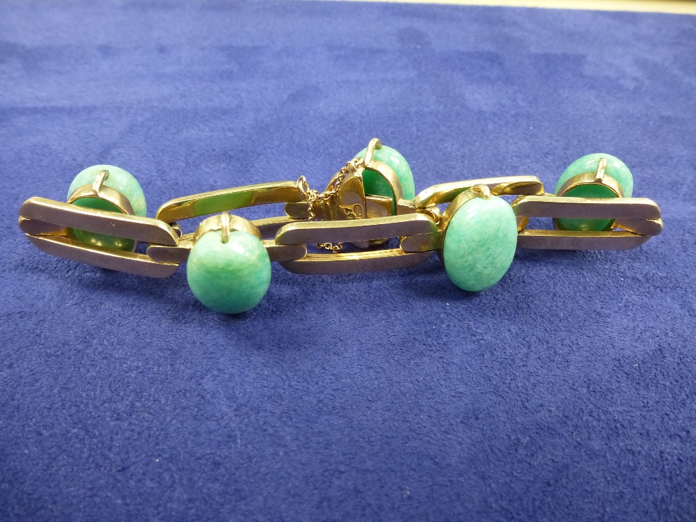 Art deco 9ct rose gold bracelet with 5 jadeite spacers, clasp stamped 9ct - Image 2 of 2