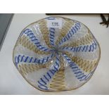 A Venetian Handblown Glass Dish: with white gold and blue alternating latticino ribbon pattern, 17.