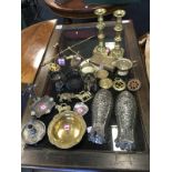 Miscellaneous brass & metal items including a pair of nineteenth century candlesticks, ashtrays, a