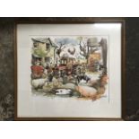 A coloured Thelwell print depicting a farmer mending his tractor, mounted & framed.