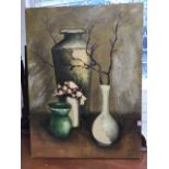 Oil on canvas, large still life with vases on shelf, signed indistinctly, unframed.