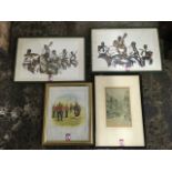 A pair of framed prints of a jazz band; an Edwardian framed print of Wimbourne after T Waghorn;