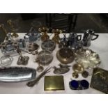 Miscellaneous silver plate, brass, chrome, etc., including a candelabra, a pair of rose bowls, a