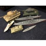 Three model tanks, and four model boats - some remote controlled. (7)