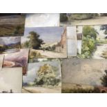 A collection of unframed pencil & water paintings by unknown hands - mainly landscapes, and one oil.