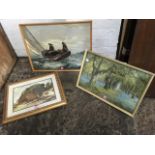 A framed oil on board depicting three sailors in yacht on choppy seas; a gilt framed Russell Flint