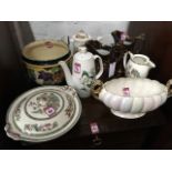 Miscellaneous ceramics including a pair of Victorian copper lustre jugs moulded with dancing