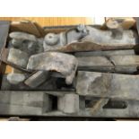 A box of wood planes - moulding, block, one with iron shoe, etc. (9)