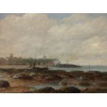 J Maull, oil on canvas, coastal view with figures in boat, signed & dated 1873, restored and re-